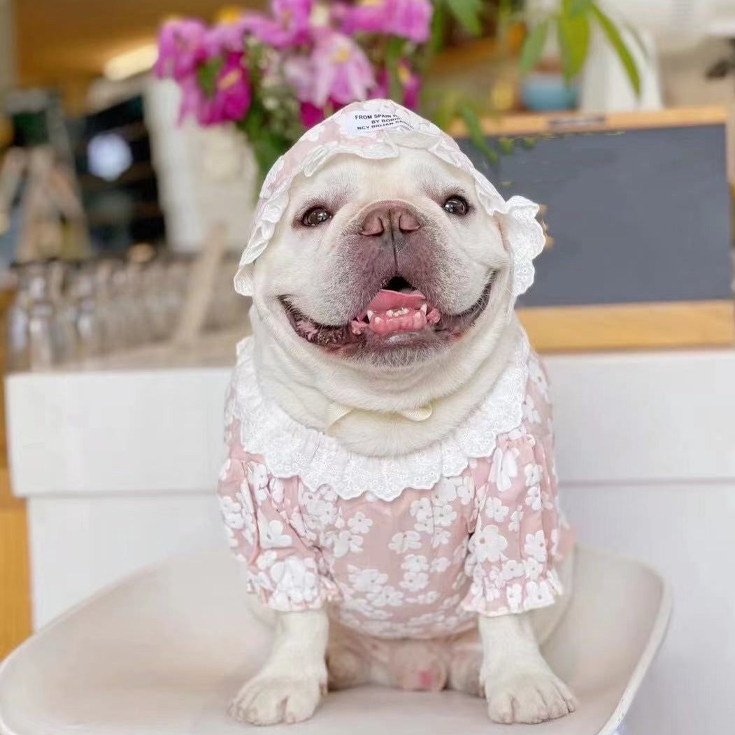 Frenchiely Dog Spring Summer Floral Shirt with Lace Hat for french bulldog 0
