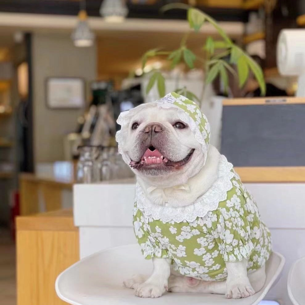 Frenchiely Dog Spring Summer Floral Shirt with Lace Hat for french bulldog 0