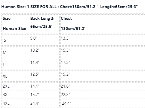Frenchiely Matching Outfits Dog and Owner size chart 