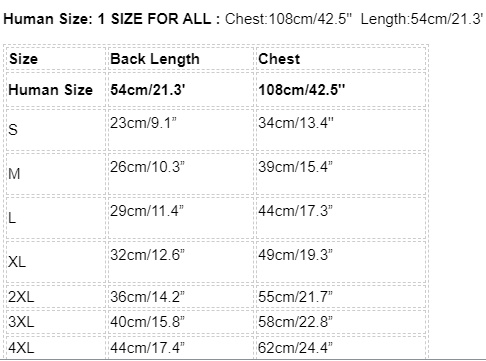 Frenchiely Matching Shirts for Me and My Dog size chart