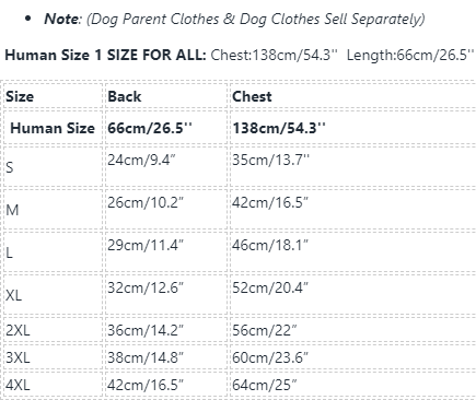 Frenchiely Pet and Owner Matching Shirts size chart