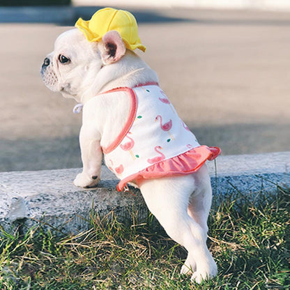 Dog Flamingo Suspender Skirt Dress for Frenchies with Yellow Hat - Frenchiely