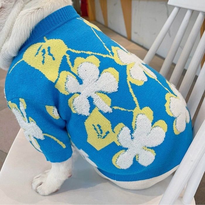 Dog Blue Flower Pullover Sweater for small medium dogs by Frenchiely 01