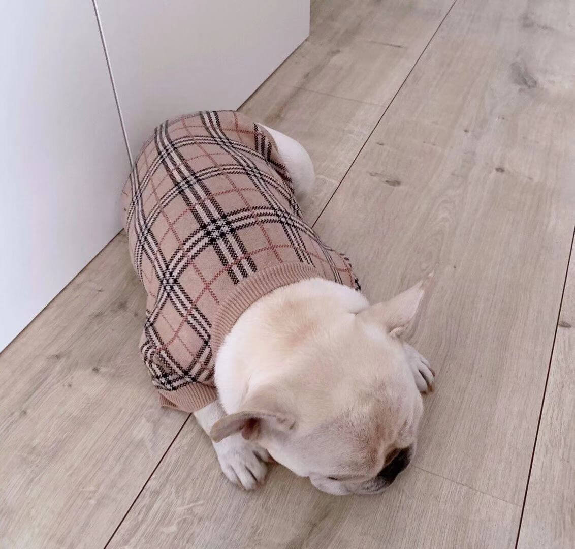 French Bulldog Beige Plaid Sweater Cardigan-Frenchiely 
