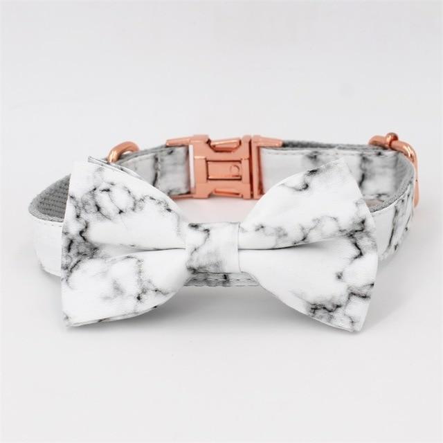 Marble White Adjustable Dog Collar Bow tie - Frenchiely